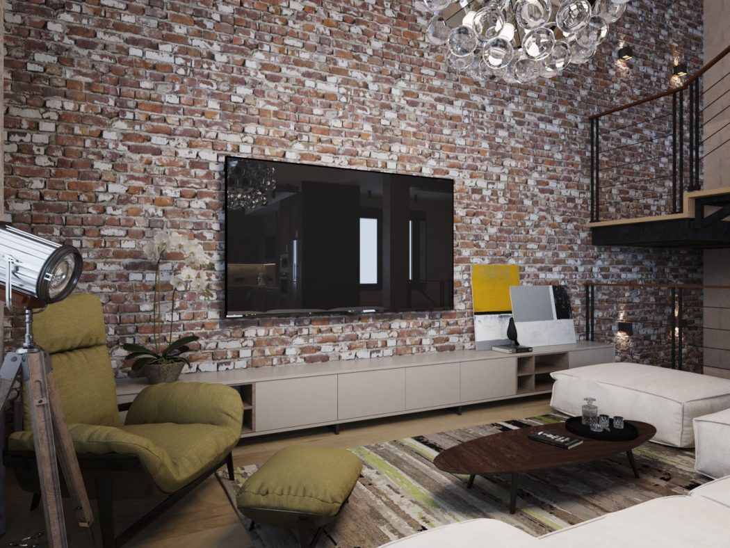 Rustic brick wall, sleek TV console, modern furniture, and a striking chandelier set the tone.