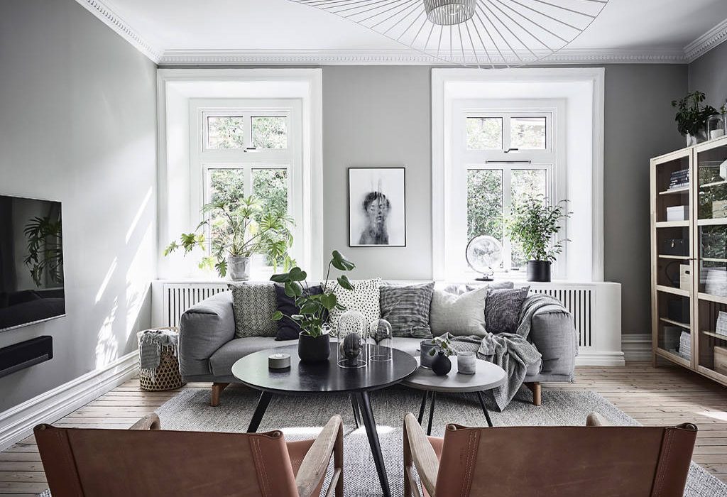 Cozy living room with large windows, gray walls, and modern furniture.