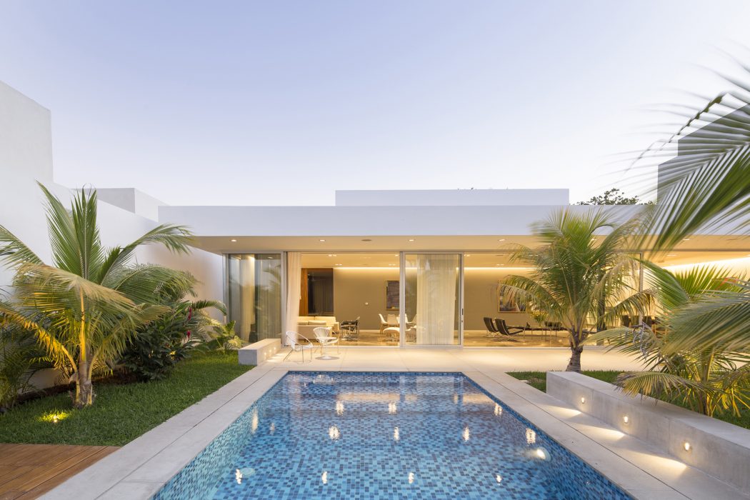 Minimalist villa with pool and palm trees, glass walls open to lush garden.