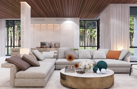 Luxurious modern living room with sleek wood paneling, expansive glass walls, and a marble coffee table.