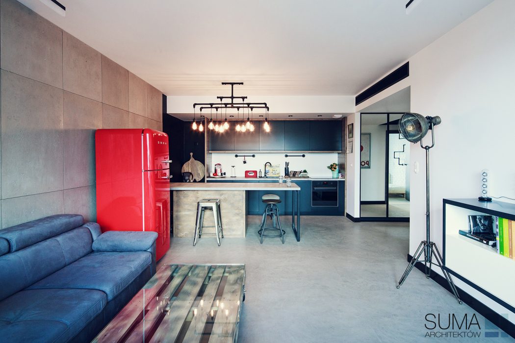 Open-concept loft with modern kitchen, sofa, and lighting fixtures - a stylish interior design.