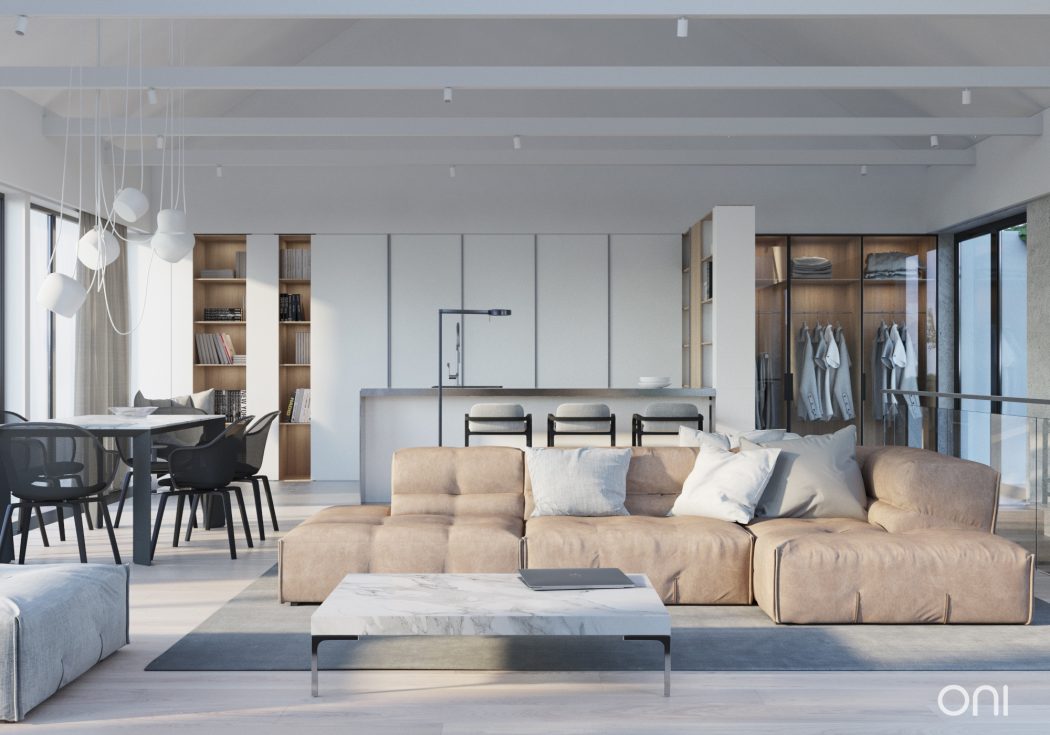 Modern, open-plan living space with neutral-toned furnishings, sleek lighting, and integrated storage.