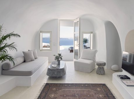 Minimalist living room with arched windows, gray furniture, and a patterned rug.