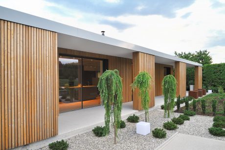 Modern wood-paneled exterior with distinctive architectural features and landscaping.