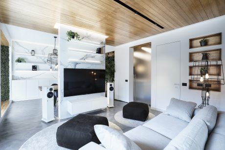 Sleek, modern living room with wooden ceiling, built-in shelving, and minimalist decor.