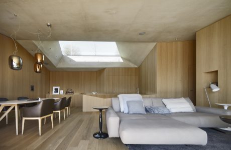 Spacious open-plan living area with modern wooden paneling, large skylight, and minimalist furnishings.