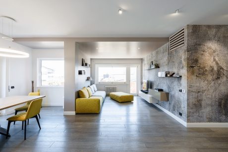 Bright, open-concept living space with minimalist furniture, concrete accent wall, and wooden flooring.