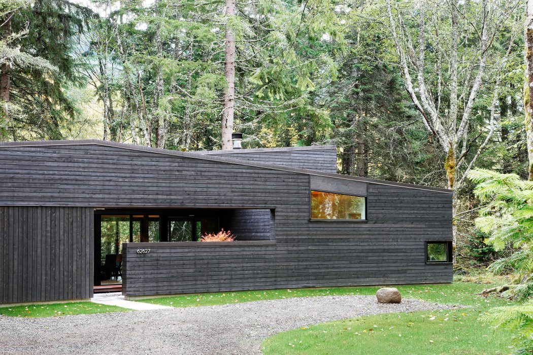 A modern, black-clad cabin nestled amid lush, evergreen foliage and a grassy lawn.