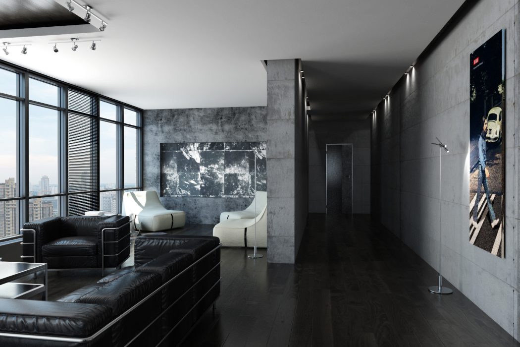 Sleek, modern living space with minimalist furniture, concrete walls, and floor-to-ceiling windows.