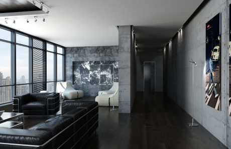 Sleek, modern living space with minimalist furniture, concrete walls, and floor-to-ceiling windows.