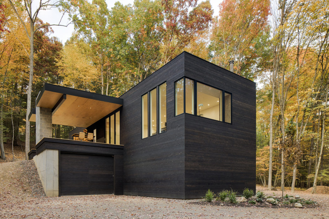 A modern, black-clad vacation home nestled in an autumnal forest setting.