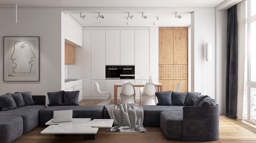Minimalist living room with modern white cabinetry, wooden accents, and comfortable seating.