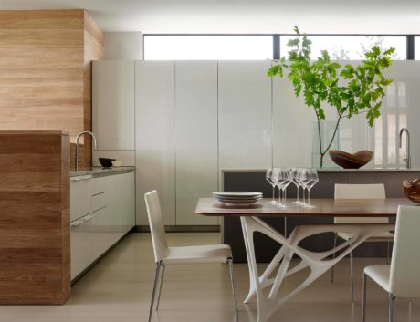 Minimalist kitchen and dining area with wooden accents, clean lines, and large windows.