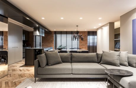 Contemporary open-plan living space with sleek gray sofa, brick accent wall, and minimalist lighting.