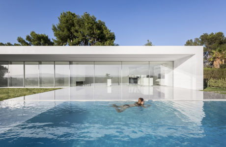 An expansive glass-walled home with a serene infinity pool and lush natural surroundings.