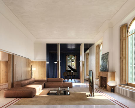 Expansive living room with arched windows, wooden paneling, and a grand piano as the focal point.