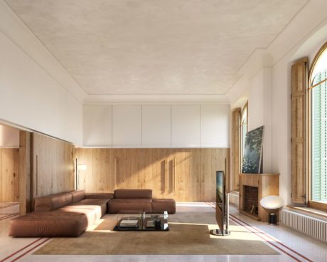 A minimalist living space with wooden paneling, a modern sectional sofa, and a sleek fireplace.