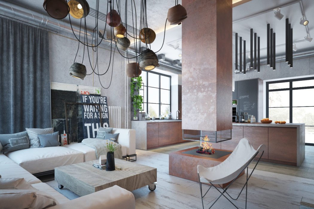 Stylish modern living room with hanging pendant lights, concrete fireplace, and rustic furniture.