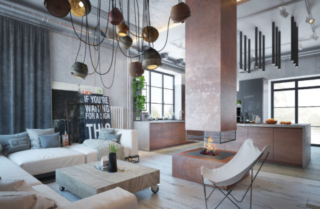 Stylish modern living room with hanging pendant lights, concrete fireplace, and rustic furniture.