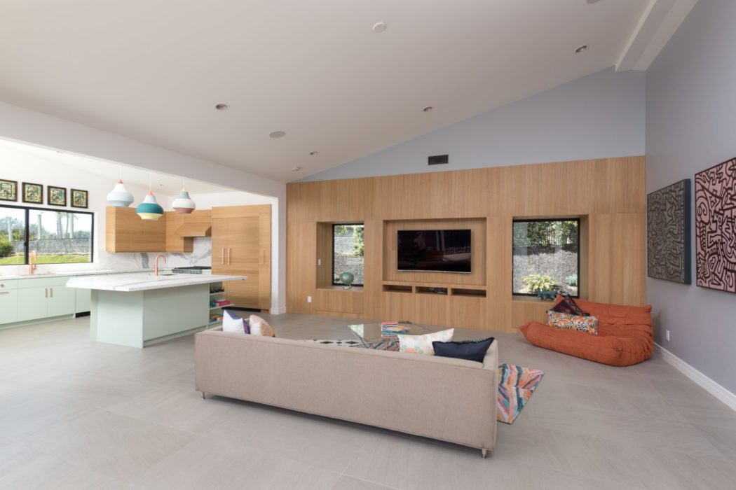 Bright, open-plan living space with wooden walls, sleek kitchen, and comfortable seating.