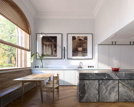 A modern, elegant kitchen with a marble island, wood furniture, and large windows overlooking nature.