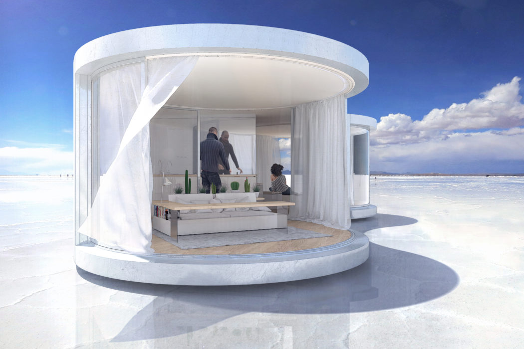 A modern, circular dwelling with a raised platform, curtained windows, and a serene, icy backdrop.