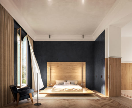 Sleek, modern bedroom with bold black walls, wood headboard, and large windows.