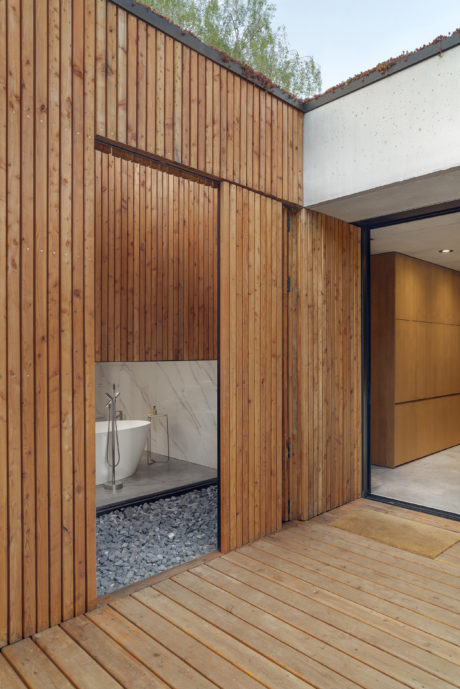 Wooden panels and glass walls create an open, modern architectural design.