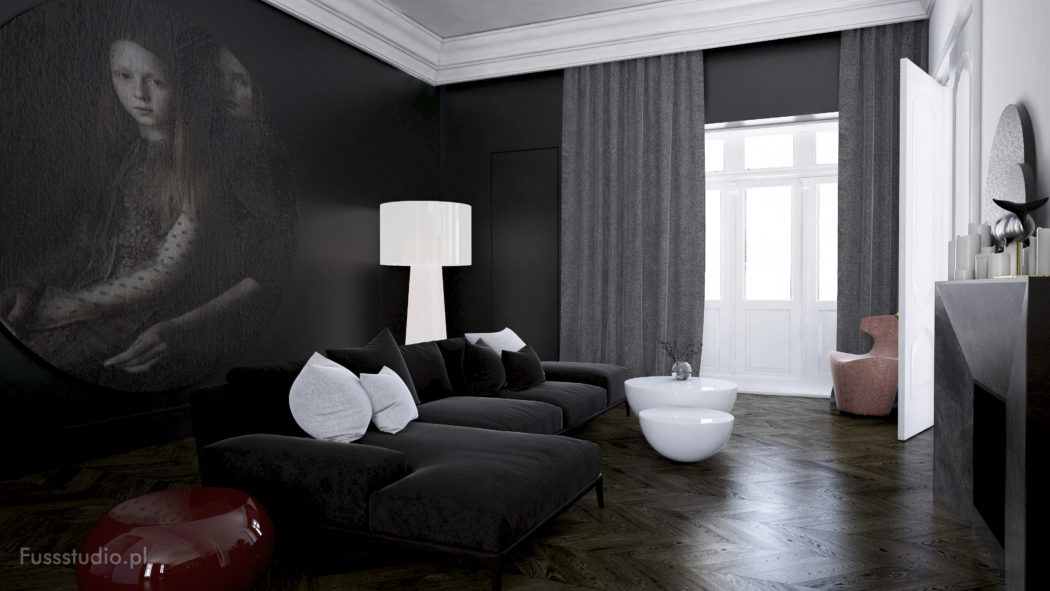 Elegant dark-toned living room with plush seating, statement lighting, and artistic elements.