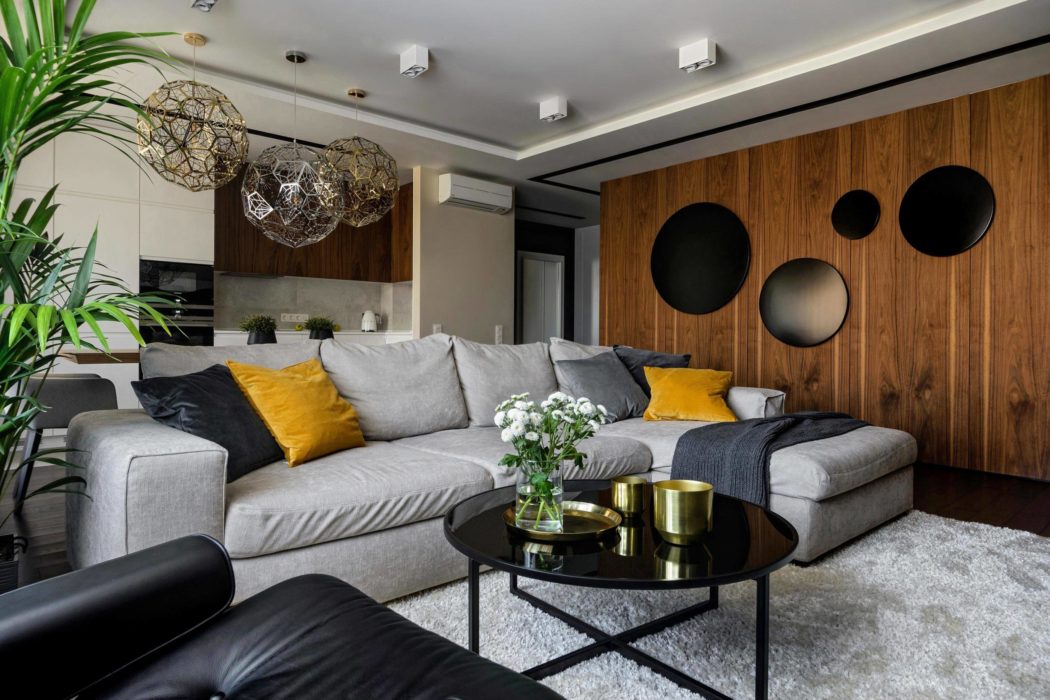 Sleek modern living room with gray couch, black coffee table, and natural wood wall accents.