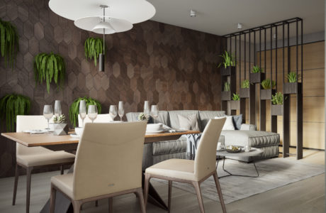 Modern dining area with white pendant light, wood and hexagon tile accents.