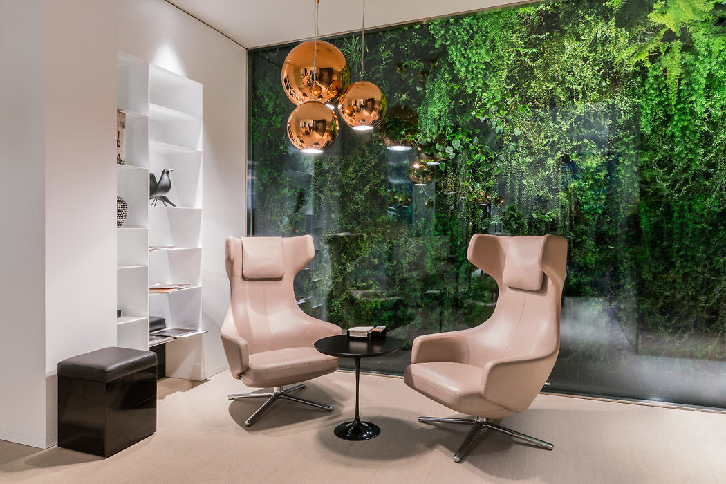 Contemporary lounge with copper pendant lights and a green wall.