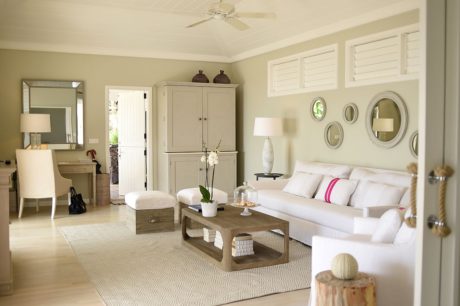 Elegant coastal-style living room with natural tones and textures.