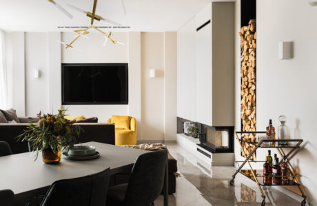 Modern living room with white walls, a fireplace, and contemporary furnishings.