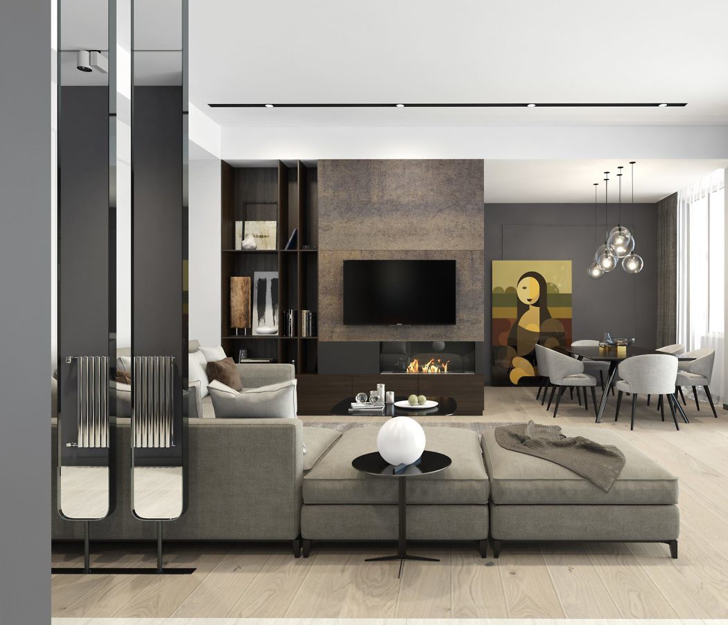 Contemporary living and dining room with neutral tones and minimalist decor.