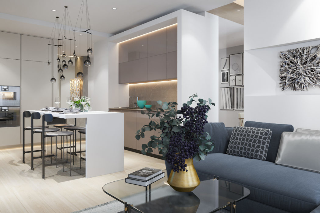 Modern kitchen and living room interior with elegant finishes.