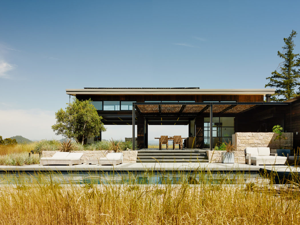 Contemporary house with large windows and a flat roof, overlooking a grassy field