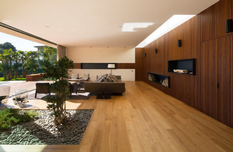 Contemporary living space with sleek wooden design and indoor garden.