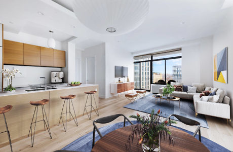 Sleek open-plan living space with wooden accents and city view.