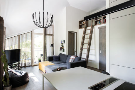 Modern living room with couch, chandelier, and loft ladder.