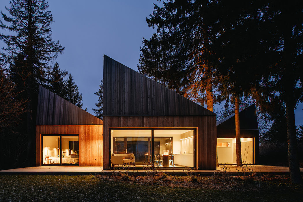 Contemporary wooden house with illuminated interior at twilight, nestled among trees.