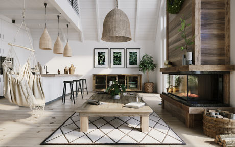 Modern living room with a hammock, fireplace, and wooden accents.