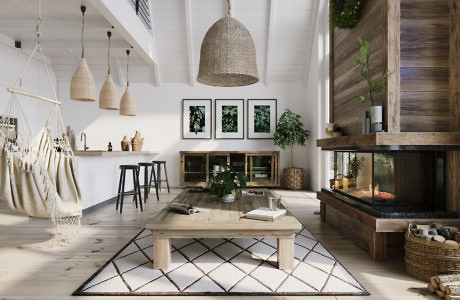 Modern living room with a hammock, fireplace, and wooden accents.