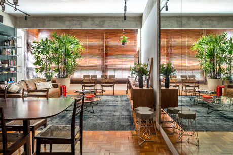 Modern living room with plants, wooden furniture, and large windows with blinds.