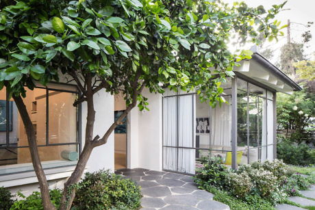 Modern house exterior with glass walls and surrounding greenery.