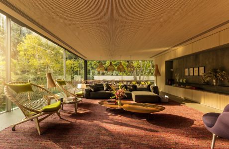Contemporary living room with slatted ceiling, large windows, and stylish furnishings.