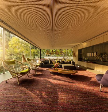 Contemporary living room with slatted ceiling, large windows, and stylish furnishings.