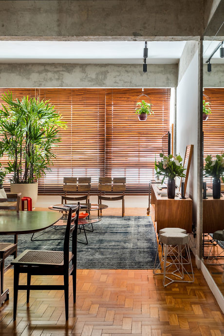 Contemporary room with wooden floors, plants, and blinds
