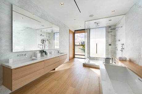 Contemporary bathroom with sleek design and natural light.