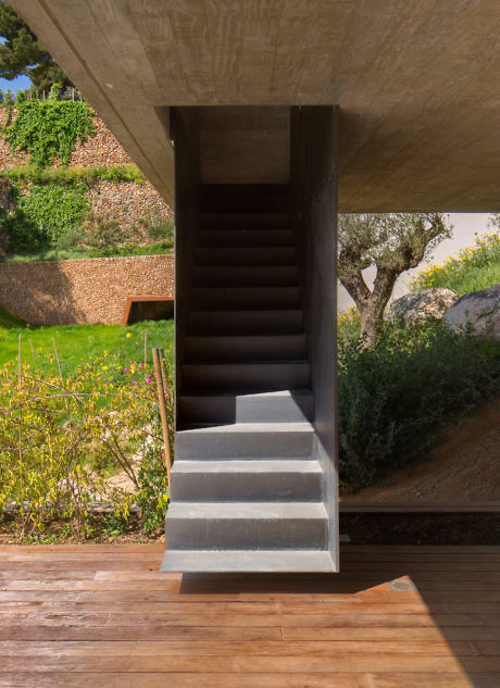 Sleek concrete staircase with wooden floor and garden view.